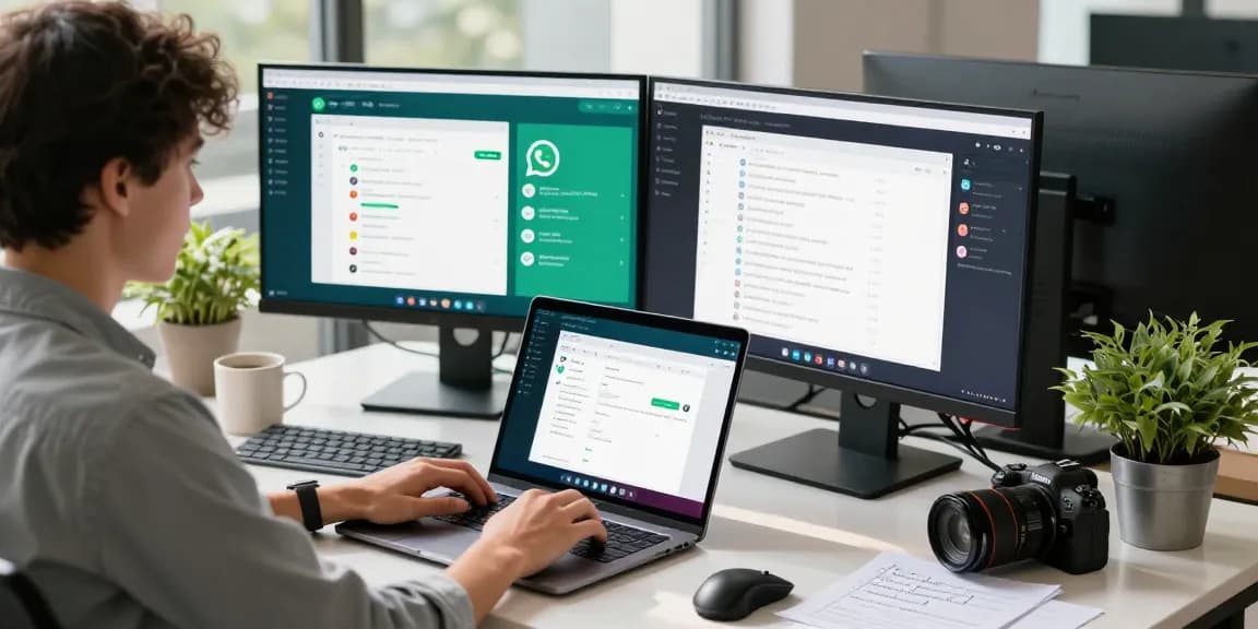 Youth utilizing WhatsApp電腦版 on a laptop in a modern office setting, showcasing dual monitors and an energetic atmosphere.