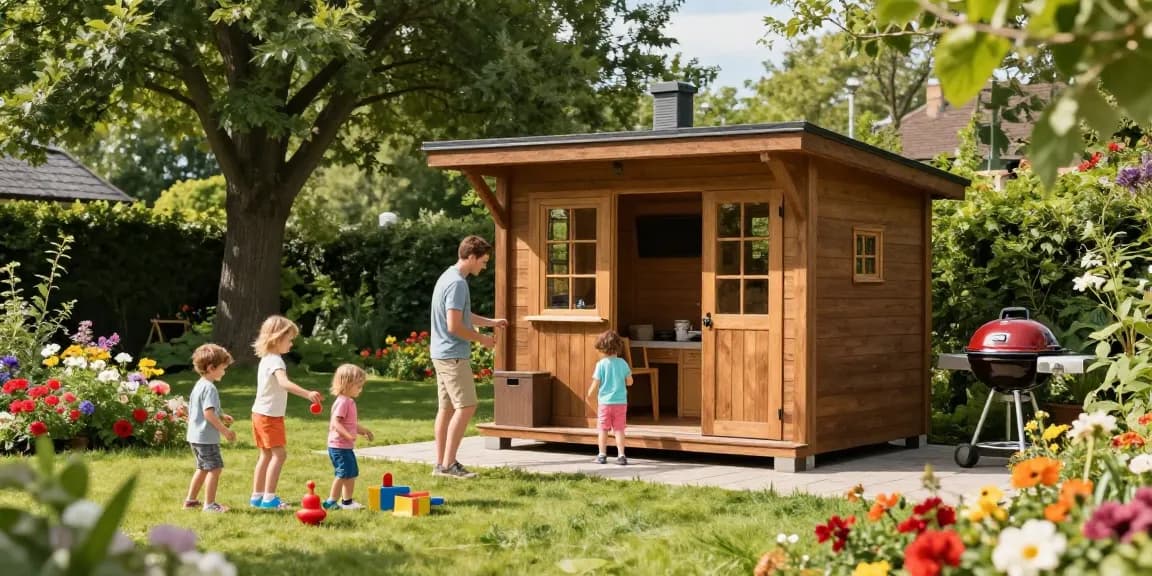 Gemütliche Familienszene im Garten mit einem neuen Gartenhaus, Spielzeug und blühenden Blumen.