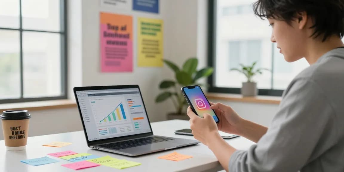 Instagram Views kaufen – Junge Unternehmerin arbeitet an Instagram-Marketing im modernen Büro mit Wachstumsanalysen.