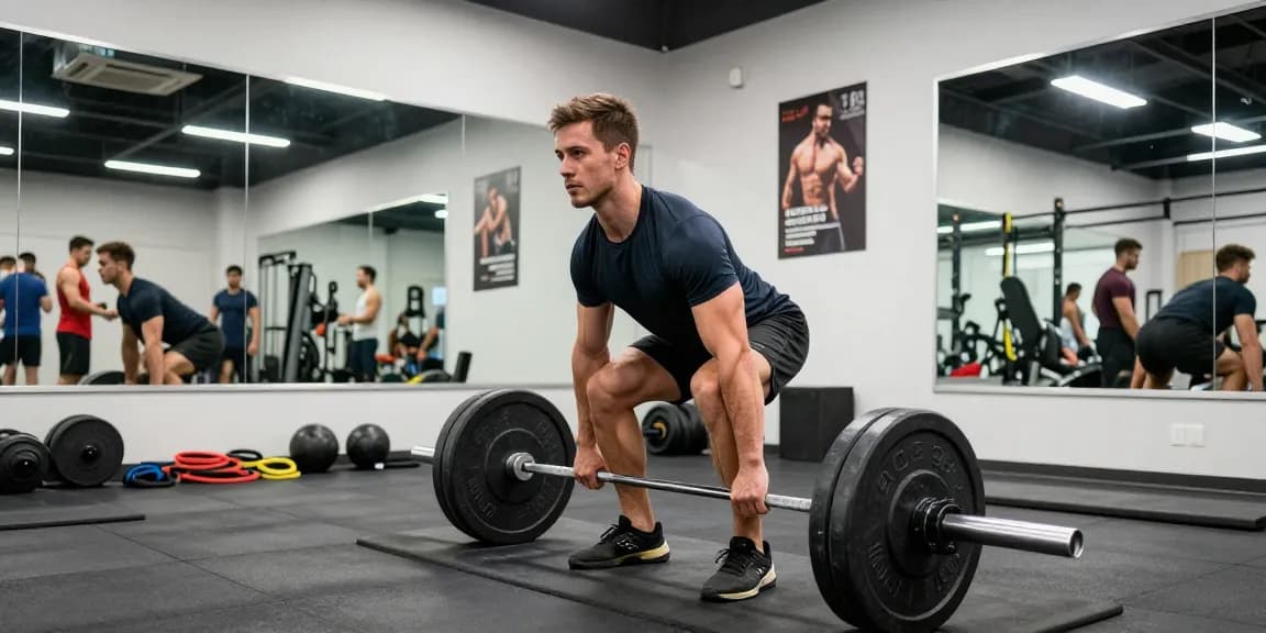 Utinon Steroids Shop mit einem Fitnessstudio, in dem ein Mann mit Langhantel trainiert.