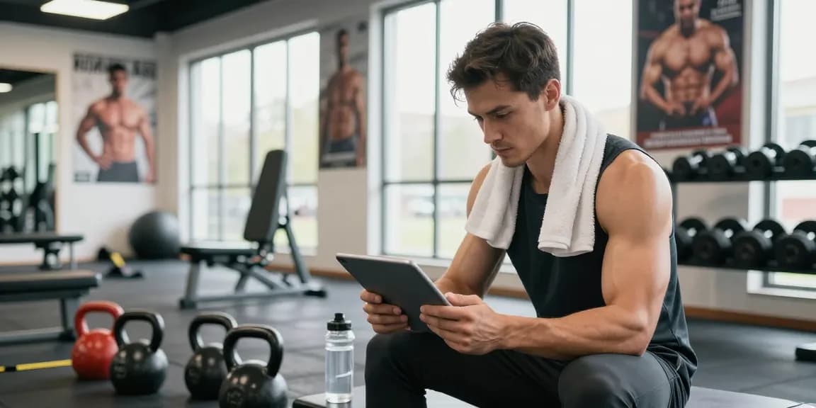 Fitnessbegeisterter, der mit Technologie im Anabolika Shop Deutschland interagiert, um das Muskelwachstum in einem modernen Fitnessstudio zu fördern.