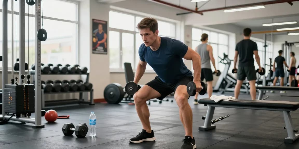 Mann, der im Fitnessstudio trainiert und die Fitnessprodukte von Medi Pharma Shop sowie die Wellness-Reise betont.