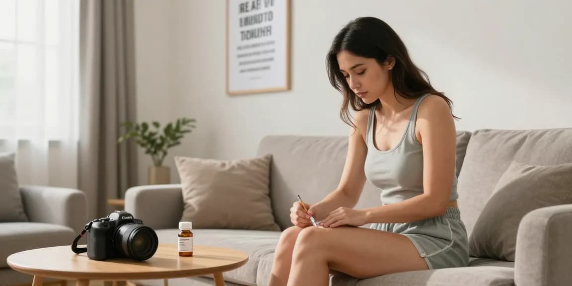 Abnehmspritze Online bestellen: Frau setzt Injektion zur Gewichtsreduktion in modernem Zuhause an.