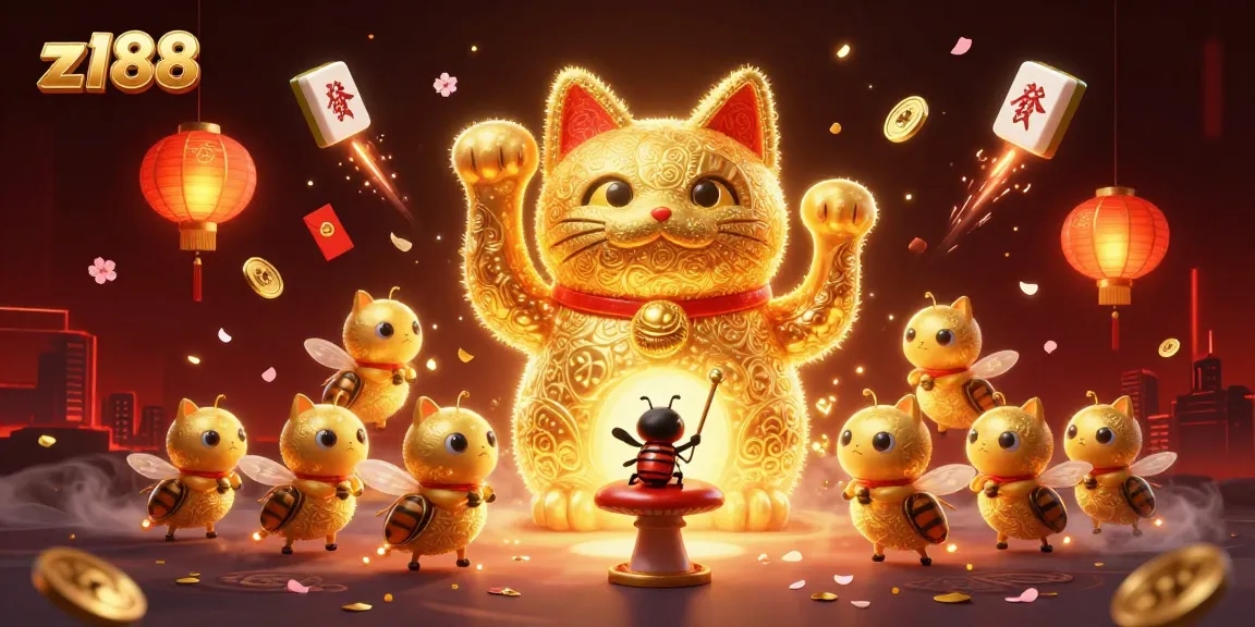 Experience thrilling gaming at z188 with a vibrant 3D illustration of a lucky cat and casino elements