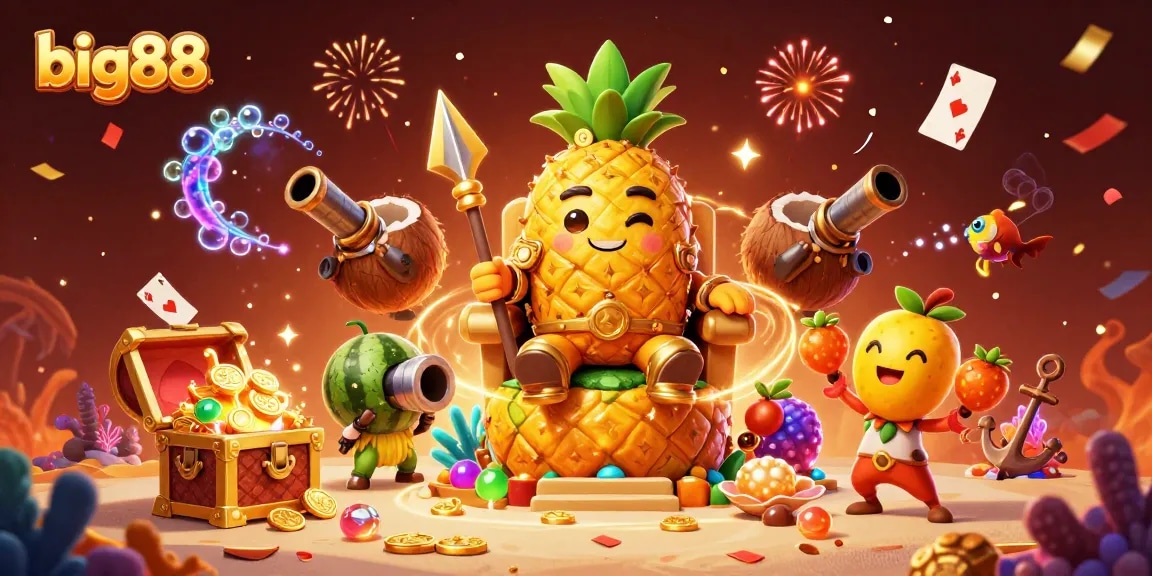 Experience thrilling games at big88 with the golden pineapple king enjoying a vibrant beach casino atmosphere.