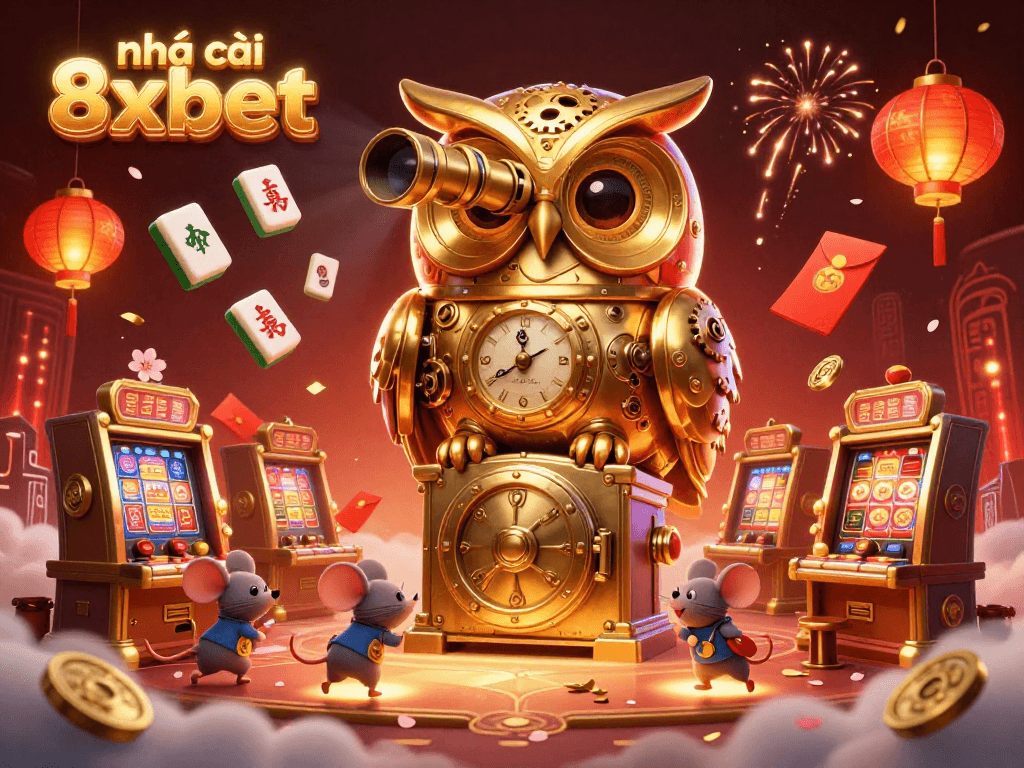 Experience the excitement at nhà cái 8xbet as a golden owl watches over bustling casino patrons with vibrant gaming elements.