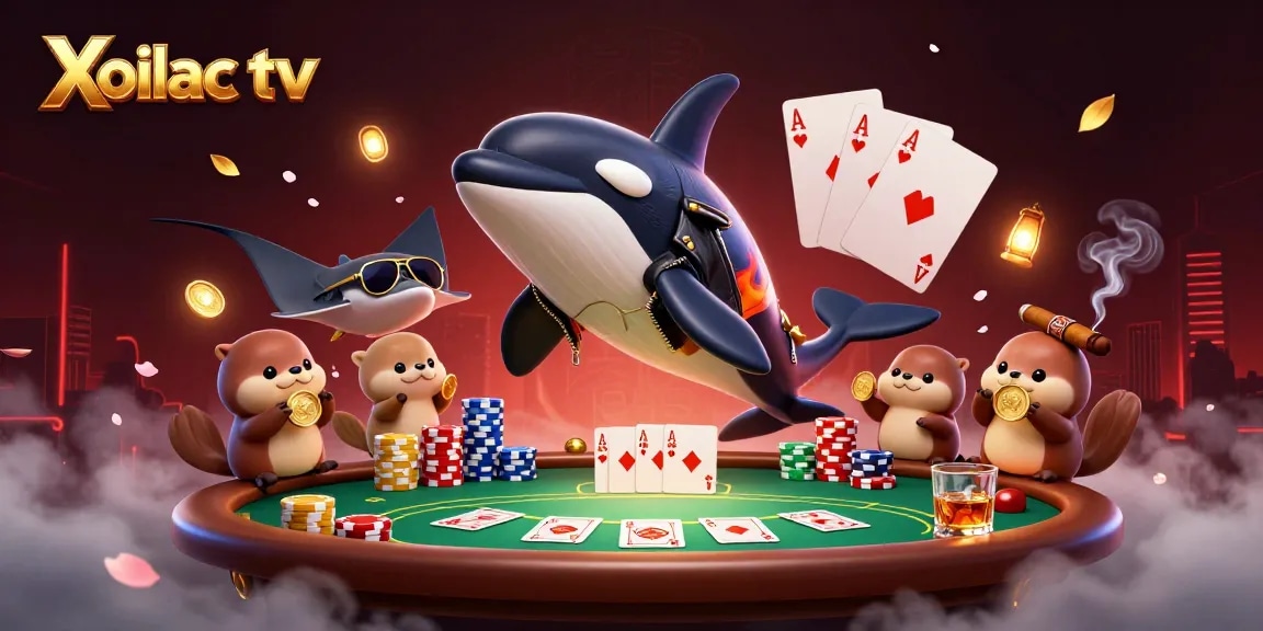 Xoilac tv showcases a vibrant 3D gambling scene with an orca whale, stingray, and otters celebrating with poker elements and golden coins.