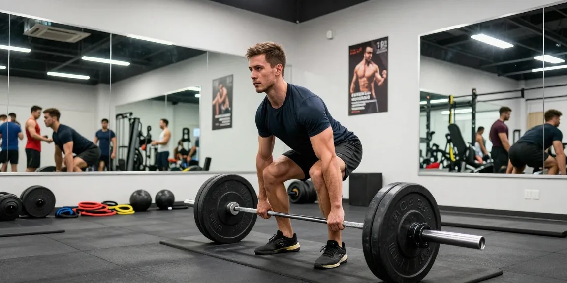 Utinon Steroids Shop mit einem Fitnessstudio, in dem ein Mann mit Langhantel trainiert.