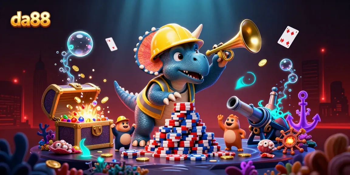 Experience the da88 thrill of dynamic underwater casino adventure with cartoon characters and poker chips.