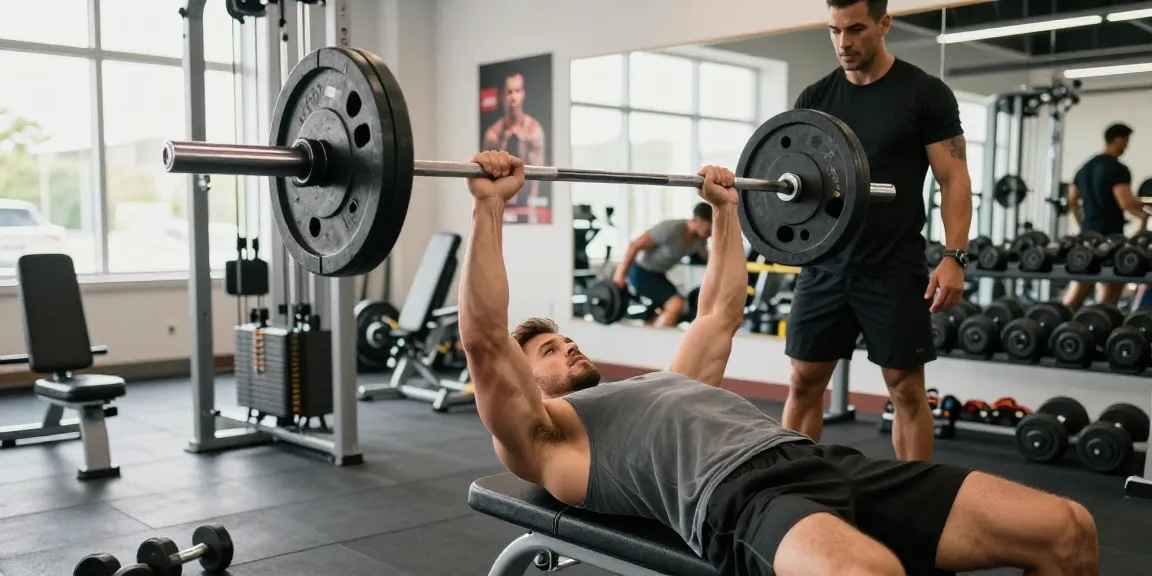 Trainingseinheit im Krafttraining mit einem Benutzer von Prime Pharma Steroiden, der im lebhaften Fitnessstudio Bankdrücken macht.