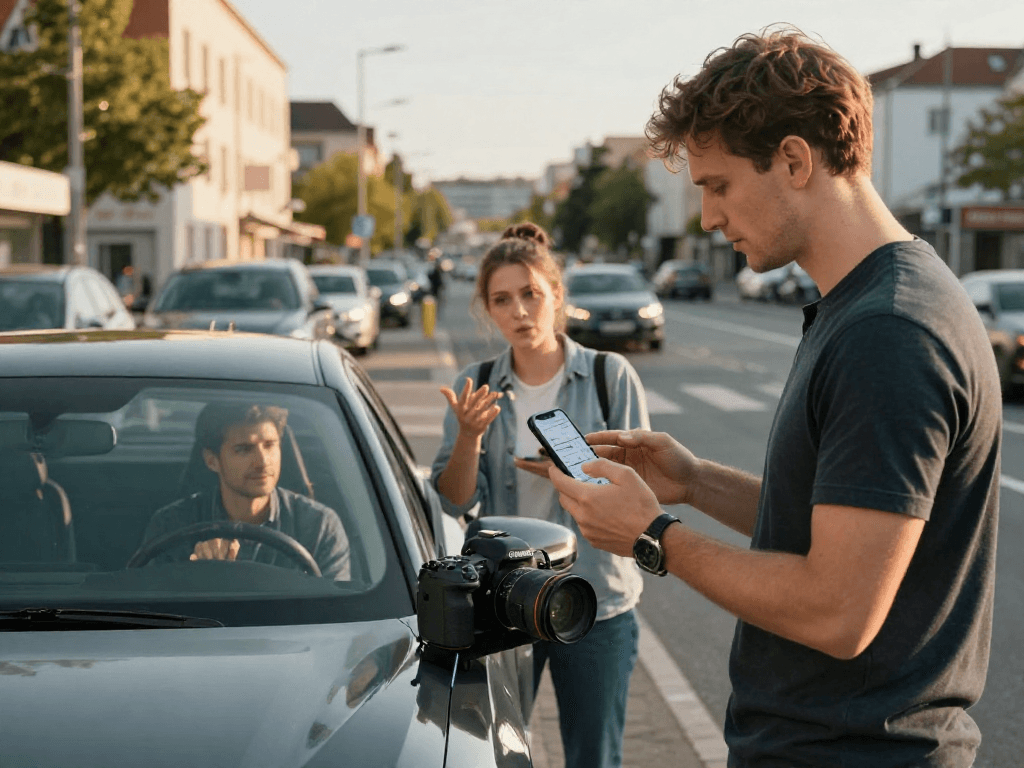 Autoversicherung Dortmund: Junge Fahrerin vergleicht Versicherungsoptionen mit einem Experten im Hintergrund in Dortmund.