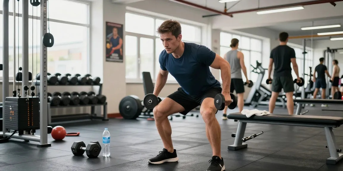 Mann, der im Fitnessstudio trainiert und die Fitnessprodukte von Medi Pharma Shop sowie die Wellness-Reise betont.