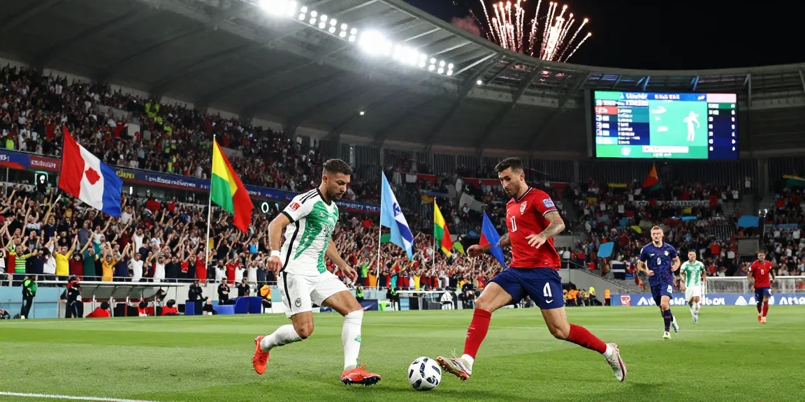 Intensive Szene des WM Fußballs 2026 mit Spielern im Wettkampf und jubelnden Fans im Stadion.