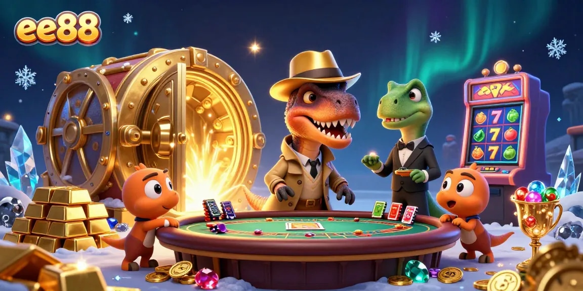 ee88 captures a thrilling scene of a velociraptor card counter at a blackjack table, immersed in action.