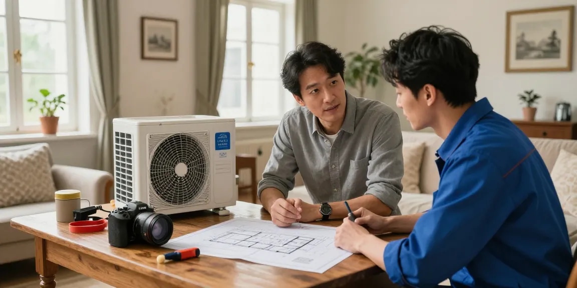 A homeowner exploring options for a wärmepumpe im altbau with a technician, featuring blueprints and tools in a vintage living room during a home renovation.