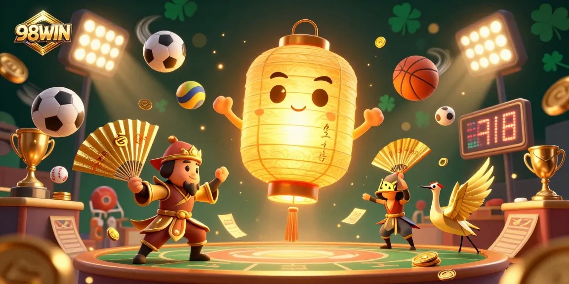 Engage with the vibrant world of 98WIN through this dynamic 3D casino illustration featuring an energetic scene with lucky symbols and sports betting elements.