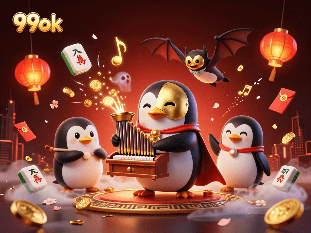 Engage with the vibrant 99ok casino scene featuring a penguin and acrobat, winning coins!