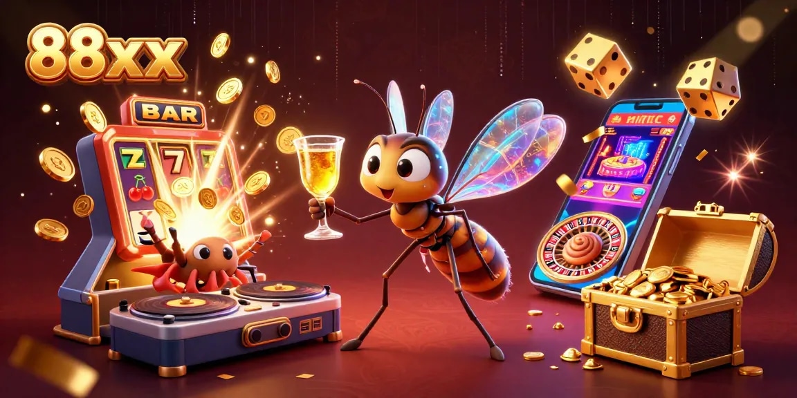 Engage in thrilling casino action with 88xx featuring a lively 3D scene with slot machines and roulette.