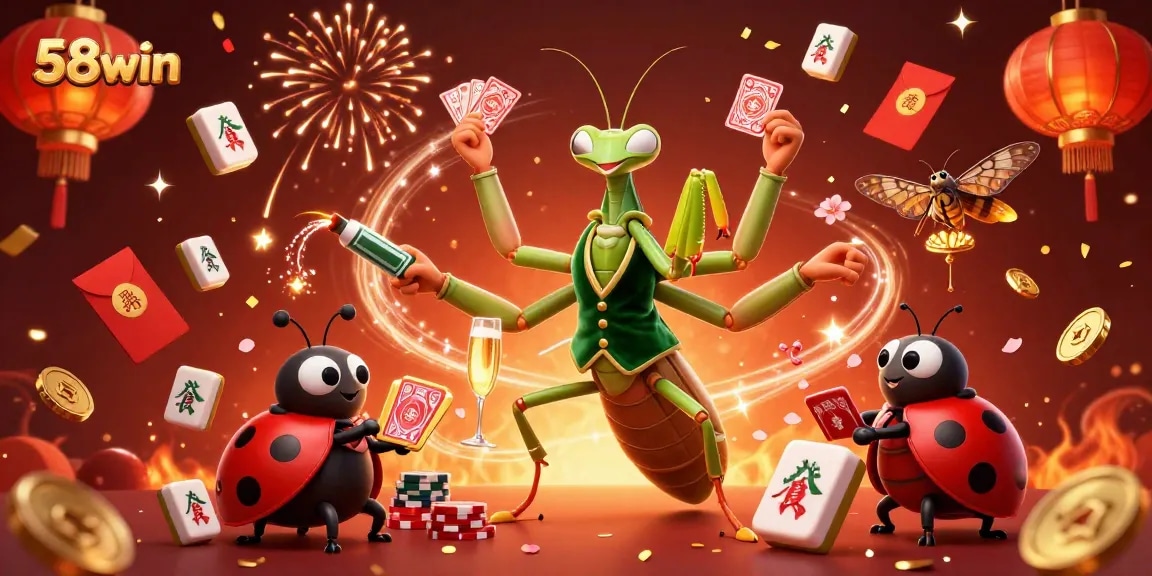 Experience high-stakes action at 58win with lively gambling characters and festive elements.