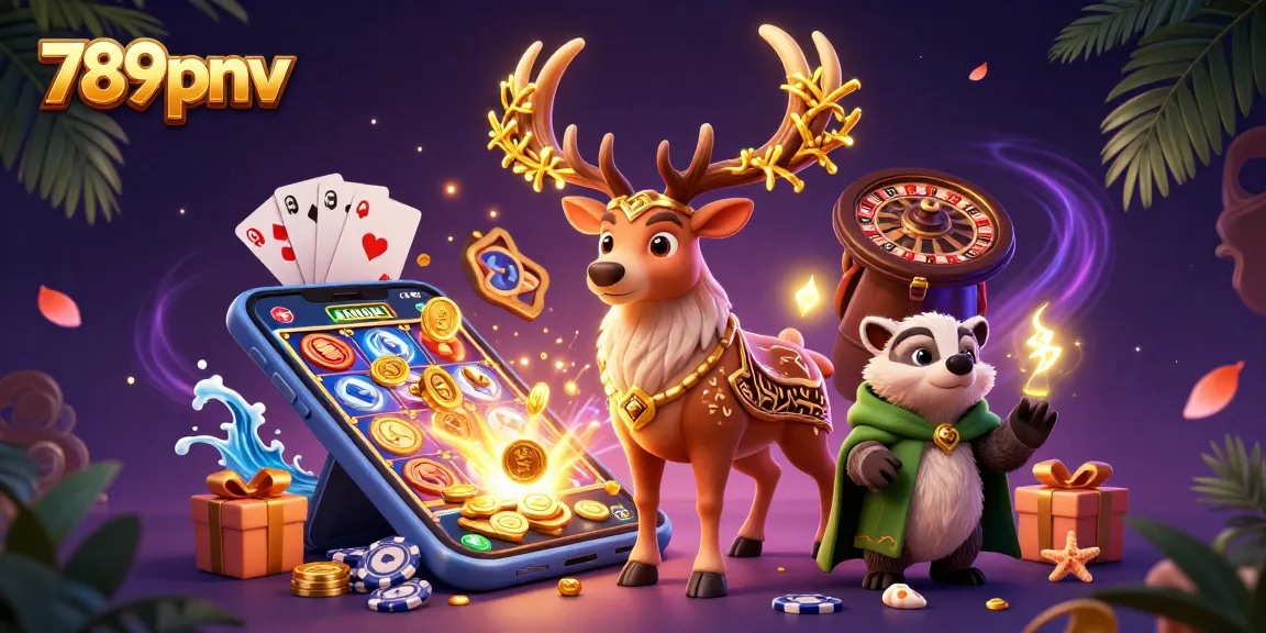 Experience winning at 789pnv with vibrant casino games and glowing characters in a magical 3D scene.