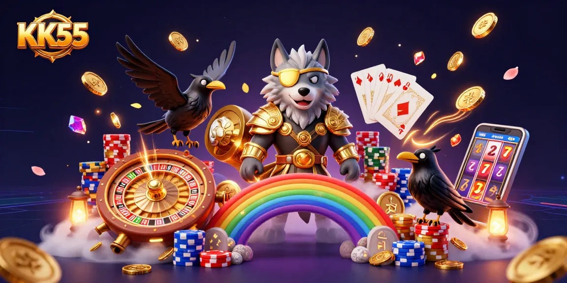 KK55 offers an exciting gaming experience with vibrant slots and golden rewards, featured in this dynamic illustration.