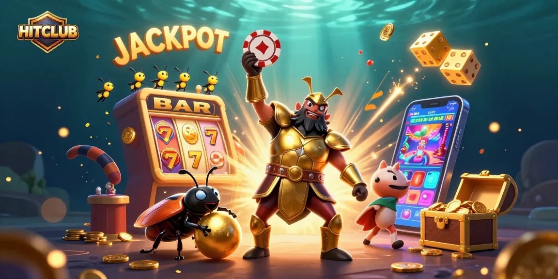 Experience HITCLUB's thrilling jackpot atmosphere with cartoon characters celebrating a big win.