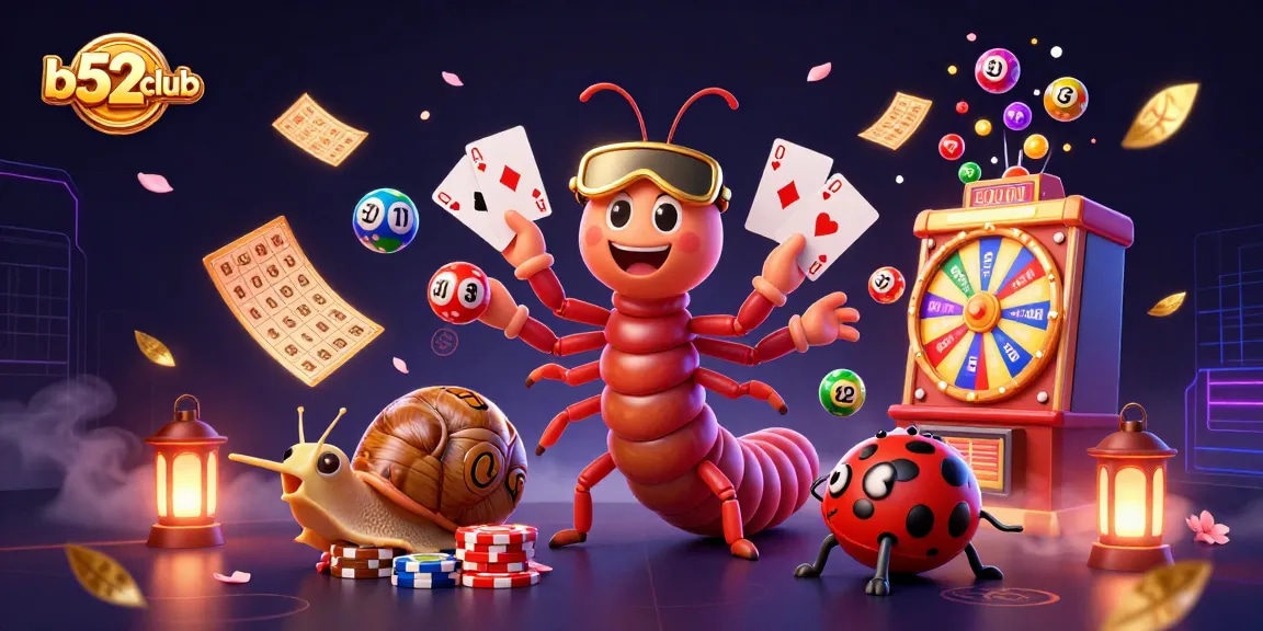 Bets unfold in thrilling gameplay at b52club, featuring a millipede dealer, excited high-roller snail, and vibrant games.