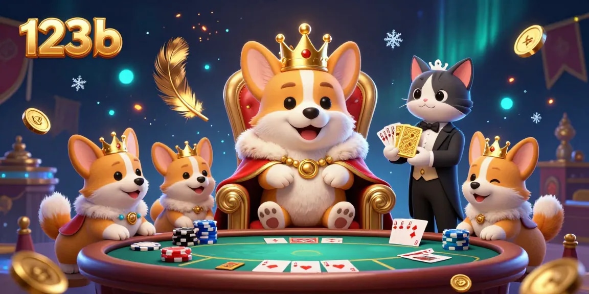 Engage with 123b in a vibrant 3D poker scene featuring a royal corgi, cat butler, and dynamic gaming elements.