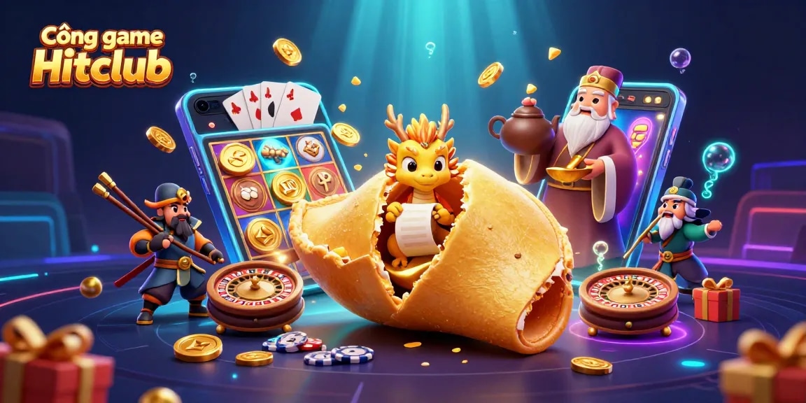 Engage in thrilling gaming at Cổng game Hitclub with vibrant scenes of luck, dragons, and gold!