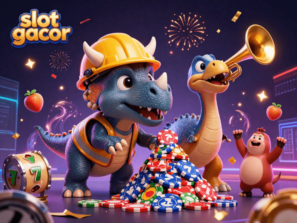 Watch a triceratops celebrate big wins in slot gacor games with colorful slot elements and dynamic confetti.