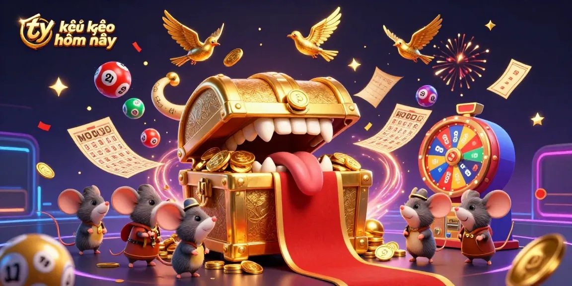 Tỷ lệ kèo nhà cái hôm nay highlights a vibrant 3D scene of excitement with colorful lottery elements and animated celebration effects.