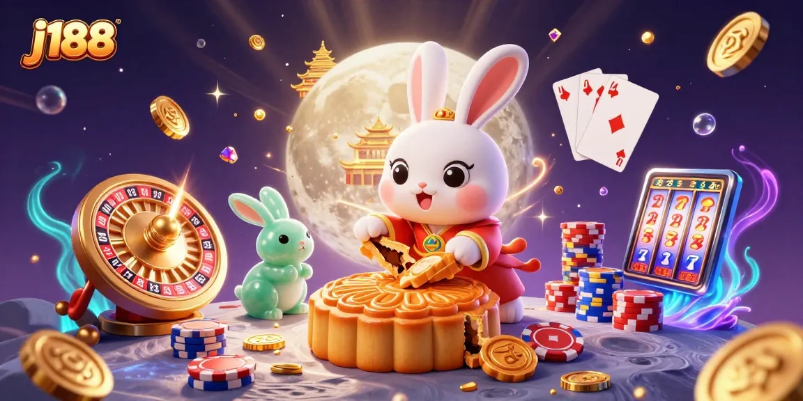 Spin and win with j188's captivating moon rabbit casino scene showcasing poker chips and roulette action.