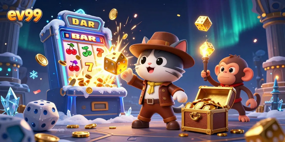 ev99 showcases an explorer cat and monkey revealing a jackpot in a vibrant casino scene.