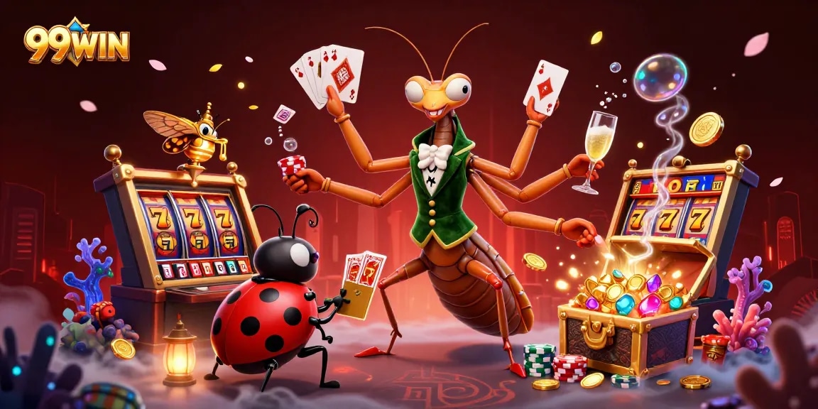 Experience thrilling slots with 99WIN's giant praying mantis dealer and lively casino scene.