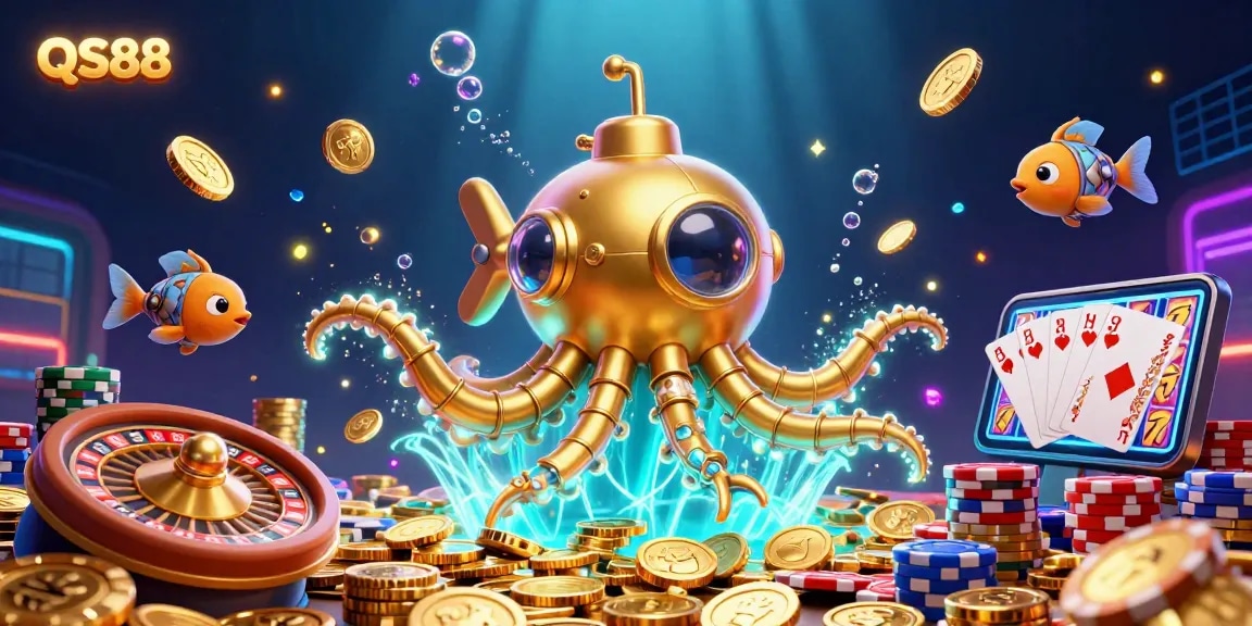 Join the QS88 action with a golden kraken submarine amid casino riches and excitement.