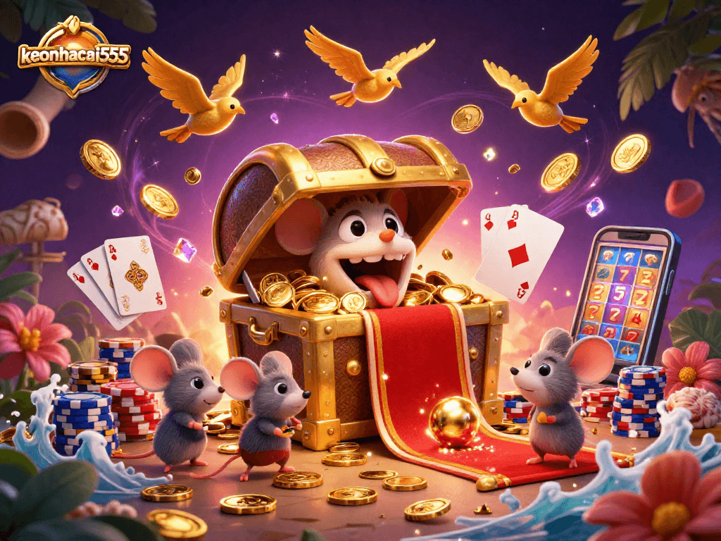 Spin and win with keonhacai555's adventurous casino treasures, highlighted in vibrant 3D illustration.