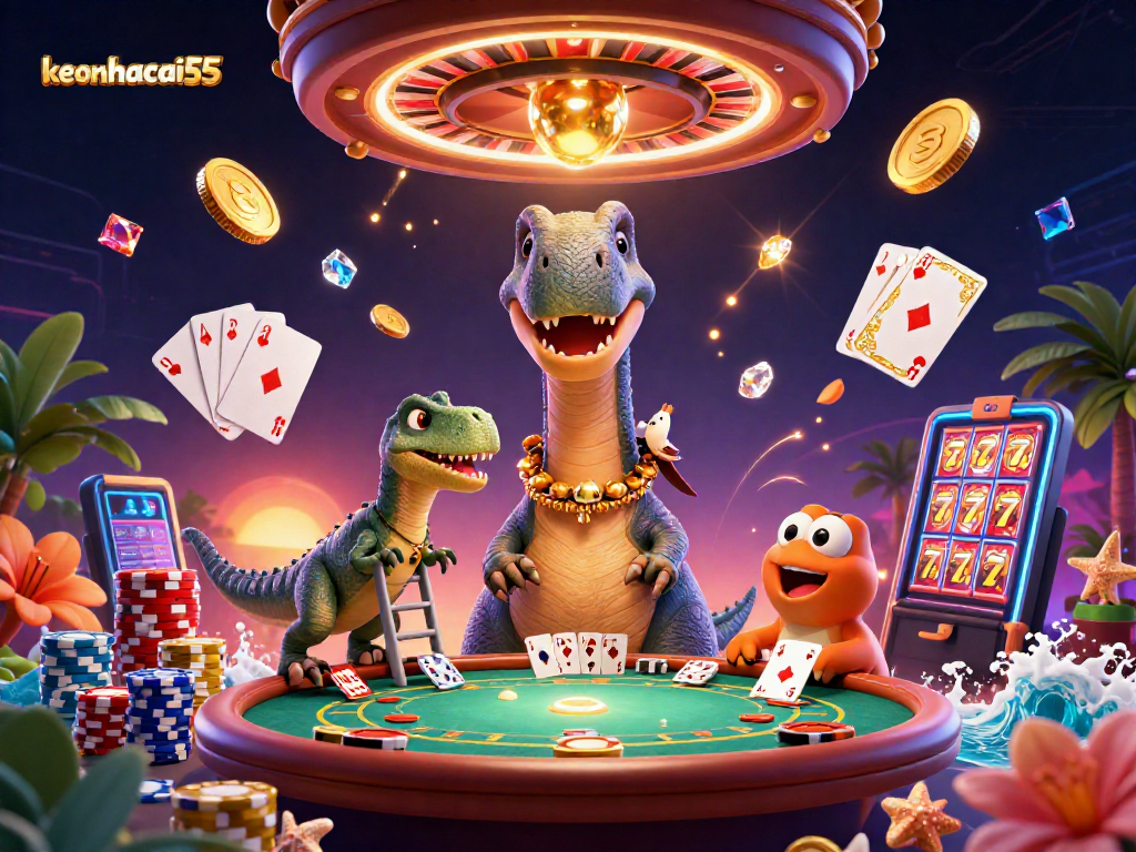 Experience the thrill of keonhacai55 with an imaginative 3D casino scene featuring vibrant characters and games.