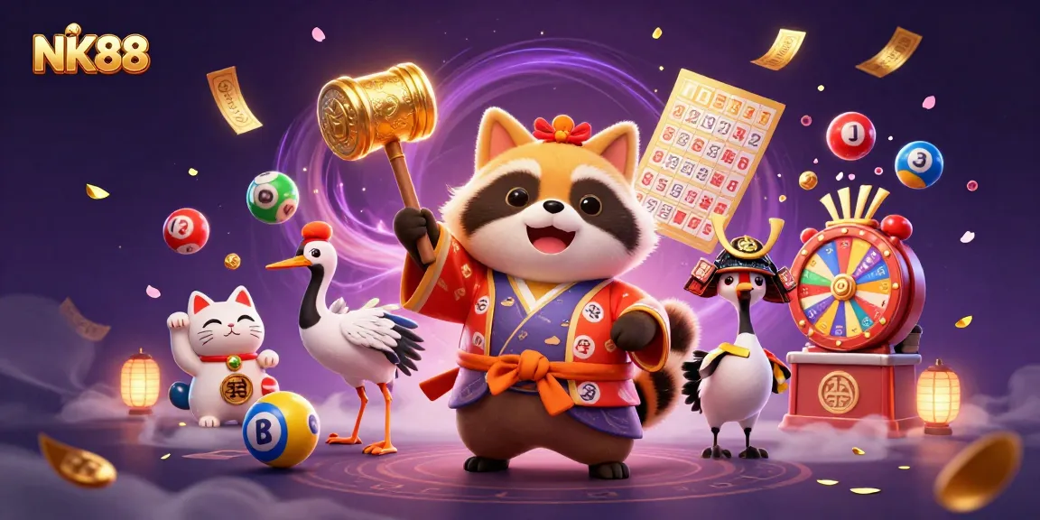 Win big with NK88 in this vibrant illustration featuring casino charm and luck elements.
