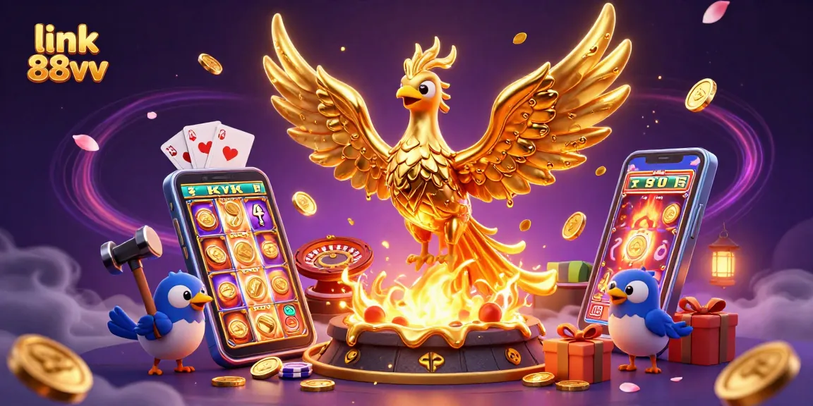 Experience link 88vv with a golden phoenix, immersive slot games, and vibrant casino elements.