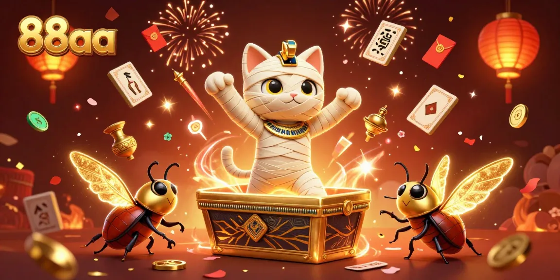 Experience thrilling moments with 88aa as the Egyptian mummy cat and companions celebrate in a pyramid casino.