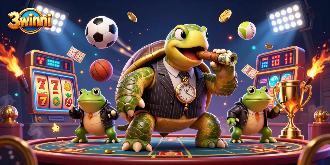 Engage with 3winni’s thrilling gambling experience featuring a snapping turtle mobster, exciting slot games, and vibrant casino elements.