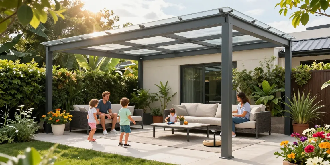 Moderne Terrassenüberdachung in einem einladenden Garten mit fröhlichen Menschen und Sonnenschein