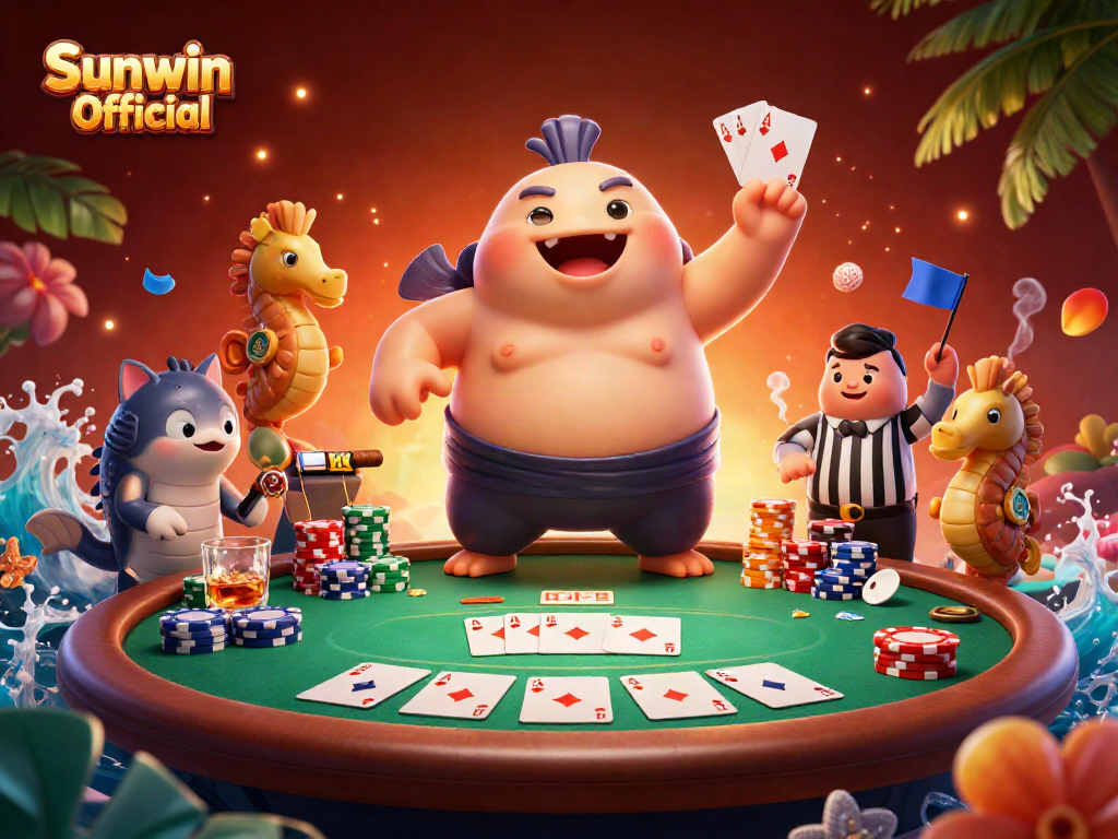 Engage with thrilling games at Sunwin Official, featuring a stunning blowfish in a dynamic poker scene.