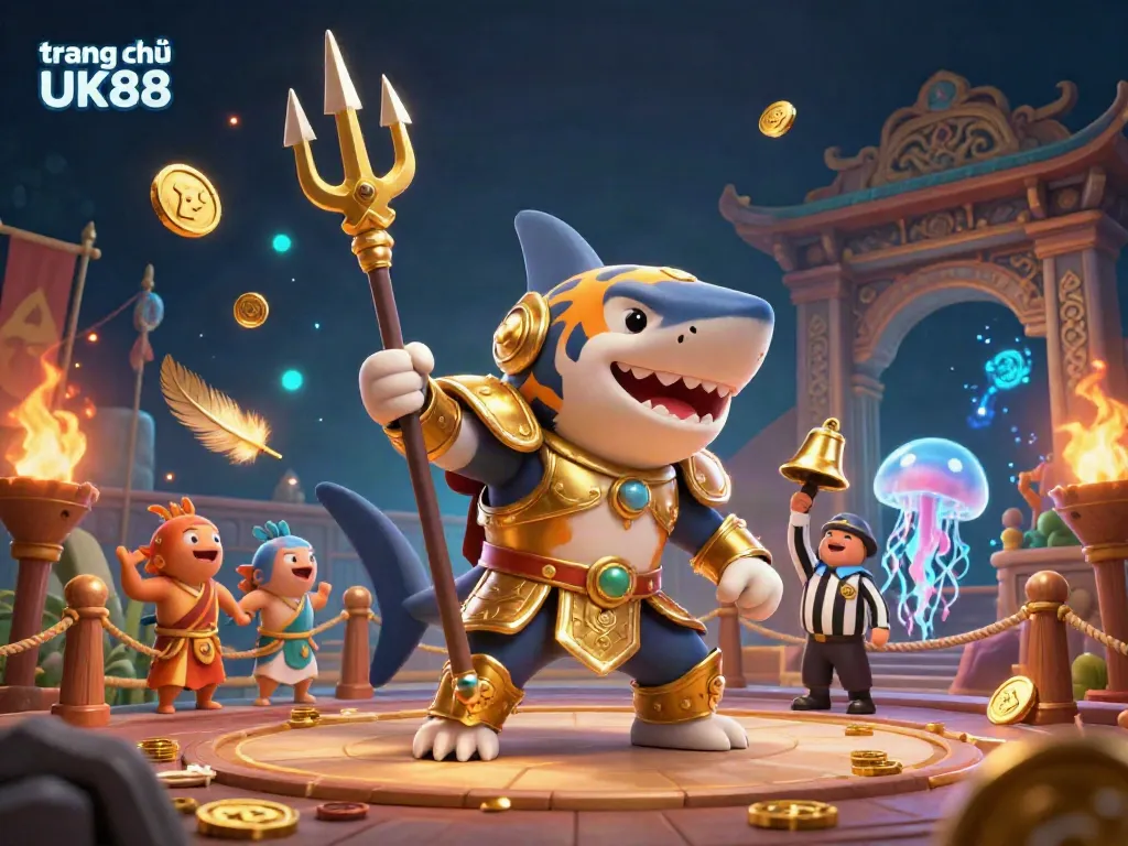 Experience the thrill of gaming at trang chủ UK88 with a fierce tiger shark gladiator in action.