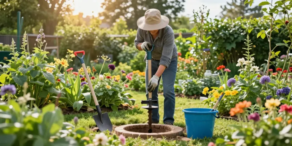 Brunnenbohren im Garten mit manuellem Bohrer, umgeben von Pflanzen und Werkzeugen.