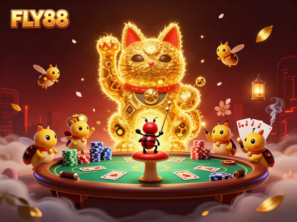 Engage with the magical atmosphere of FLY88 casino, featuring a lucky cat and vibrant gaming elements.