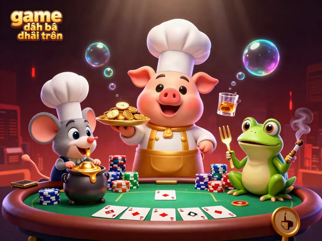 Players enjoying the game đánh bài đổi thưởng surrounded by colorful poker chips and gold coins.