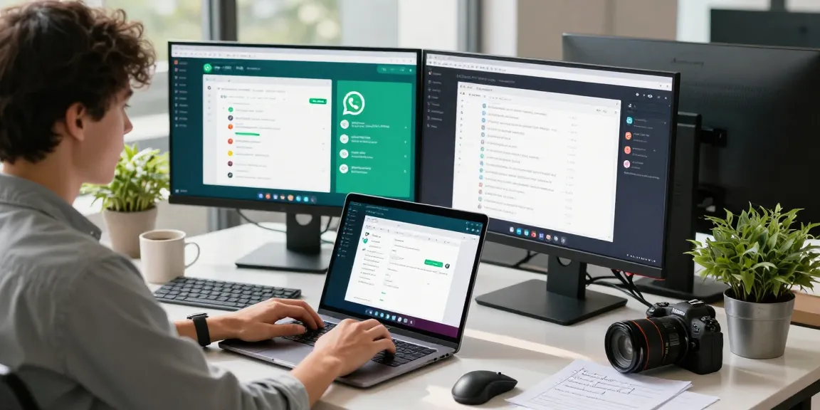 Youth utilizing WhatsApp電腦版 on a laptop in a modern office setting, showcasing dual monitors and an energetic atmosphere.