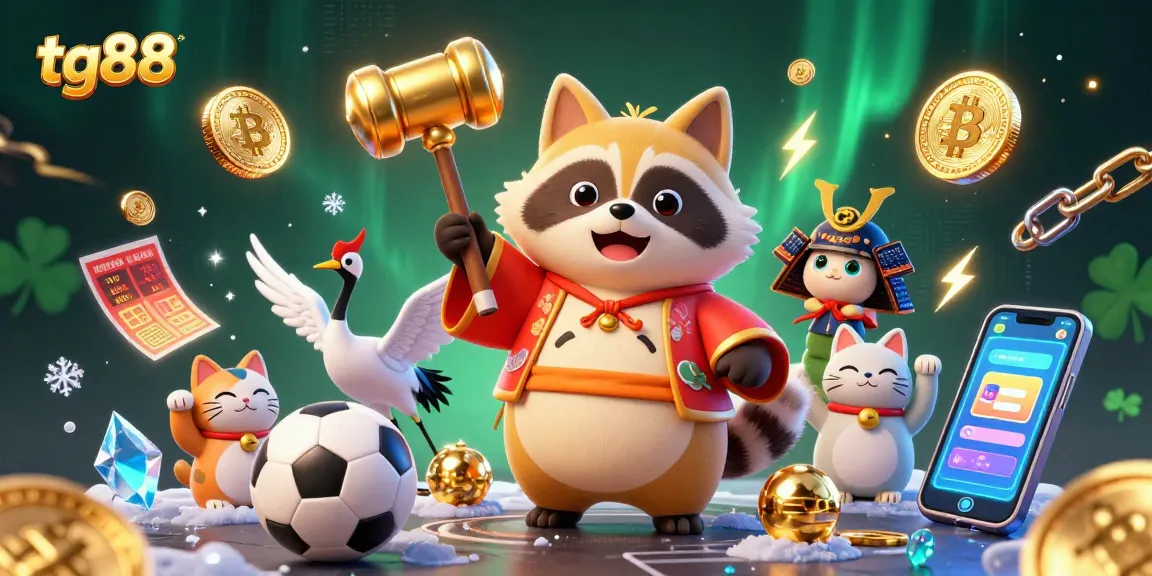 Bet on tg88 with a cheerful tanuki and fortune cats amidst dynamic sports betting elements.