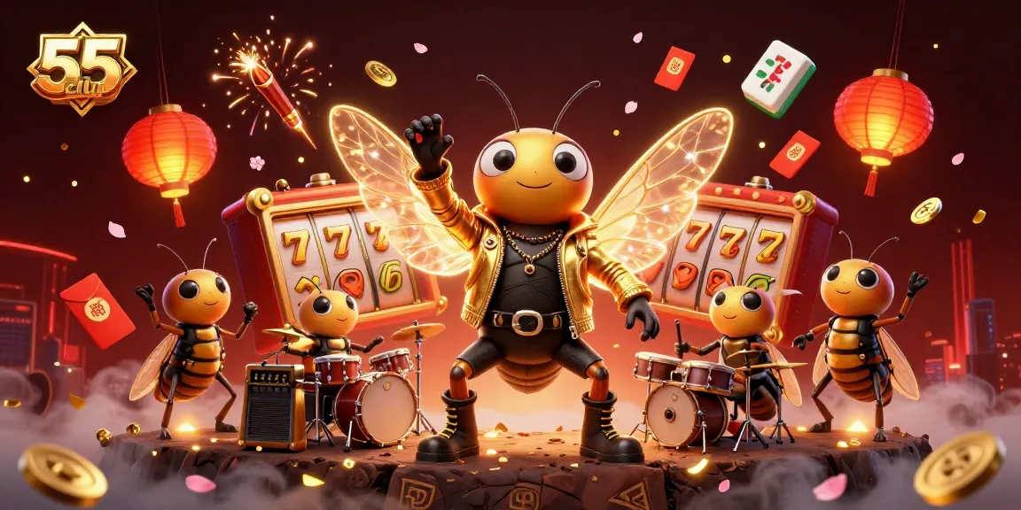 Engaging scene of 55club's rock star cicada amidst slot reels and casino elements